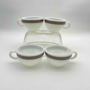 Pyrex Set Of 4 Vintage 1960s Gold Black Ebony Cup fleur de lis Tableware Corning
